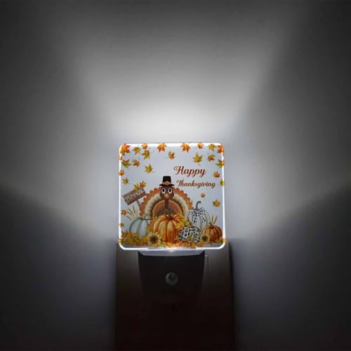 Image of Night Light Plug in LED Thanksgiving Farm Turkey Pumpkin Sunflowers Automatic Night Light,Square Night-Light Plug into Wall for Bedroom Bathroom Kitchen Hallway Decor