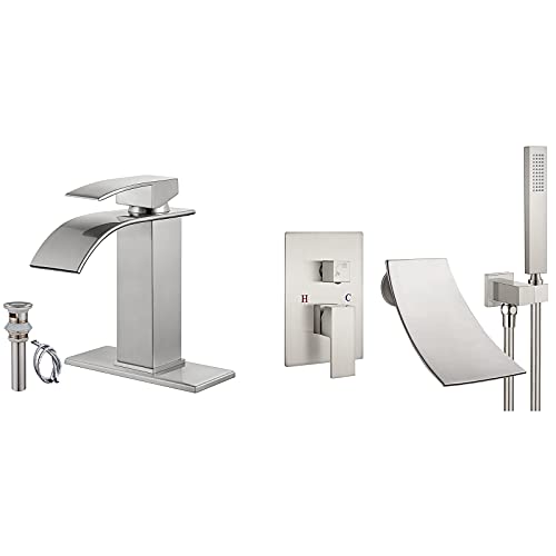 Midanya Brushed Nickel Bathroom Sink Faucet Waterfall Spout Single Handle Matcching With Midanya Brushed Nickel Wall Mount Bathtub Faucet With Handheld Spray Waterfall Tub Filler #TOP14