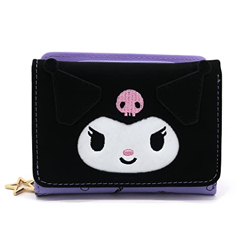 FLYBOT Kuromi Bolsa de rosto preta adorável desenho kawaii japonês gatinho amigos design bonito padrão roxo triplo cartão compacto dinheiro carteira com bolso para moedas com zíper