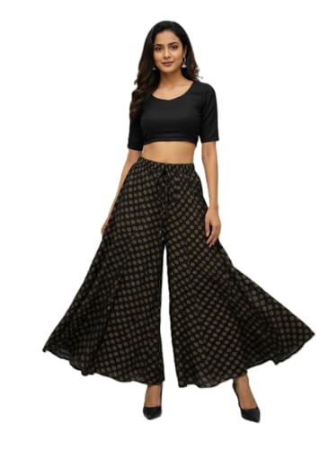 Image of TNQ Full Flared Cotton Palazzo Pants || Gold Print Printed Sharara Garara || Ethnic Or Casual Wear