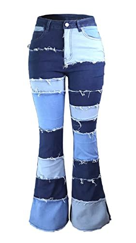 Atditama Womens Slim High Waisted Jeans Patched Distressed Hippie Wide Leg Denim Flared Bell Denim Pants