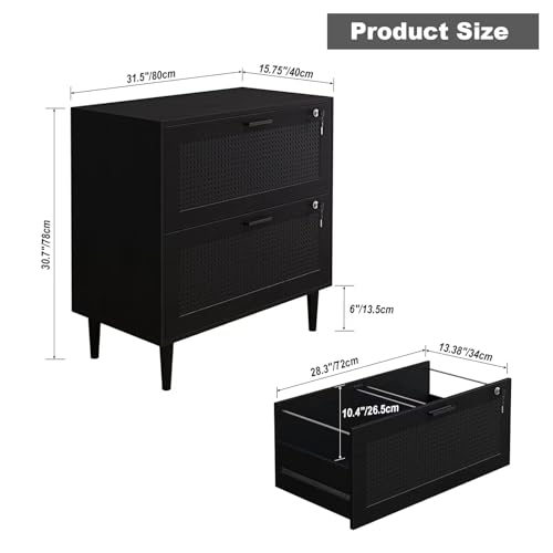 CQ Hi-Q Furniture 2 Drawer File Cabinet, Lateral File Cabinet with Lock, Rattan Wood Filing Organization Cabinet for Home Office, Black - Image 3