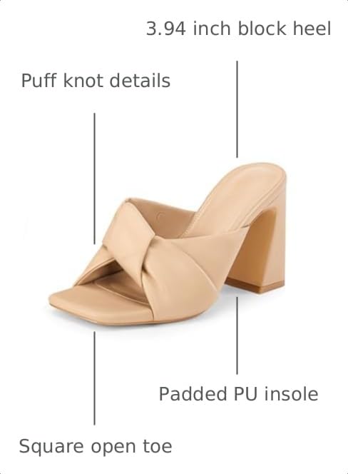 Image of Coutgo Womens Chunky Heeled Mules Puffy Knot Square Open Toe Slip On Sandals Summer Evening Party Prom Shoes