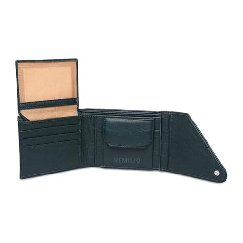 Image of VEMILIO Men's Vegan Leather Wallet for Men | Edge Cut Slim Bi-Fold Gents Purse | Stylish Wallet with Coin Pocket | 3 Card Slots | ID Window & 2 Currency Compartments (Green)