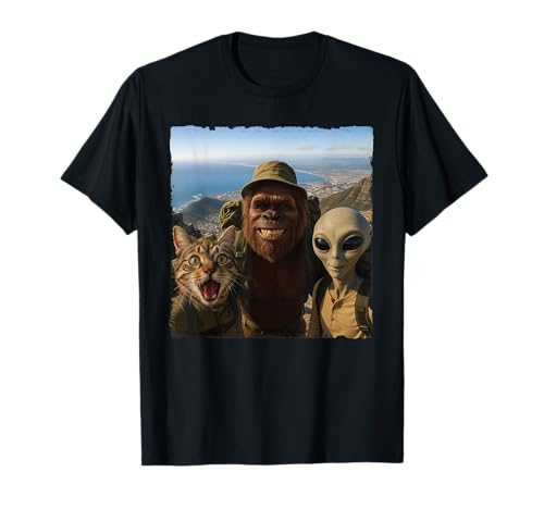 Bigfoot Alien Cat Funny Selfie Hiking Squad Cape Town T-Shirt