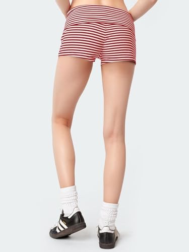 Womens Fold Over Shorts Elastic Waist Y2k Striped Shorts Skinny Pajamas Mini Sleepwear Stretchy Yoga Shorts2