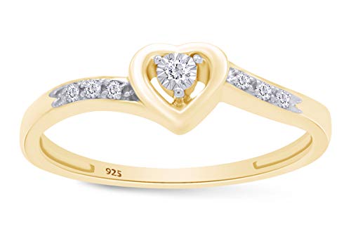 AFFY 14k Gold Over Sterling Silver 1/20 Carat Round Cut Real Diamond, Moissanite or Lab Grown Diamond In Heart Shaped Promise Ring Jewelry For Womens