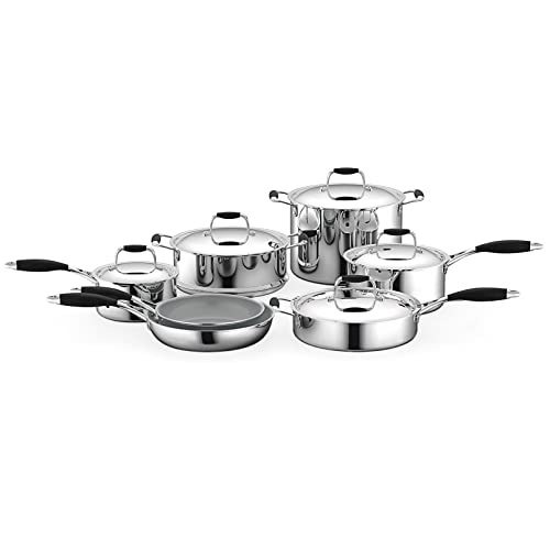 Kitchenware Pots & Pans Set - 12-Piece Set Clad Kitchen Cookware w/ Silicone Grip Handles, Fry Pan Interior Coated w/ Prestige Ceramic Non-Stick Coating, Stylish Kitchen Cookware
