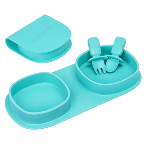 Image of yahaa Silicone Foldable Novelty Dinner Plates,Baby Plates Travel Essential with Forks and Spoons,Microwave & Dishwasher Safe,Aqua