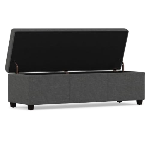 Image of SIMPLIHOME Avalon 54 inch Wide Linen Look Fabric Storage Ottoman in Slate Grey