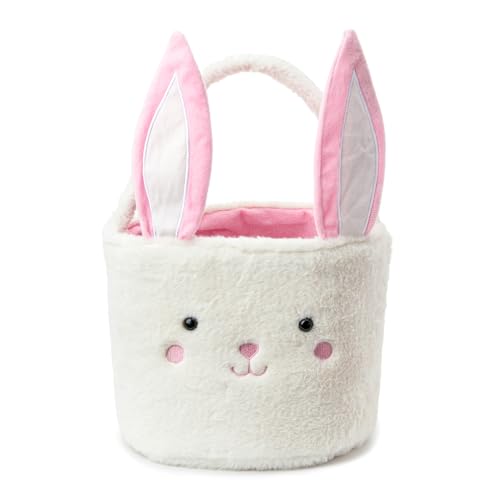 Image of Plush Bunny Basket for Easter Fluffy Easter with with Bunny Ears, Easter Egg Hunts Decorations Candy Gifts Storage (Pink White)
