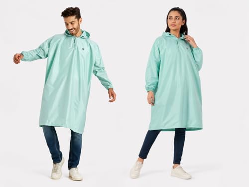 Image of ZEEL Unisex Outdoor Rain Poncho for Adult, Waterproof, Lightweight & Packable, Polyester Pullover Full Sleeves Hooded Rainwear, Raincoat for Camping, Hiking, Travelling (AZ33, Free Size, Mint)
