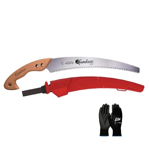 KAMIKAZE Serrucho de Poda Curvo W-330H con Mango de Madera y Hoja Curva de 330mm. Sierra para Madera con Hoja de Acero SK-4 Rico en Carbono de Alta Durabilidad. Incluye funda con clip.