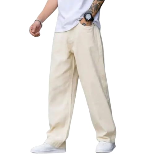 comfits Men's Loose Fit Baggy Denim Jeans, Beige, Plain Style, Casual Wear-picture-13