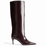 VorisVina Burgundy Kitten Heel Knee High Boots Leather Pointed Toe Tall Boots Slouch Dressy Stiletto Long Fall Boots
