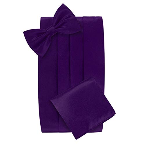 HDE Purple Cummerbund, Bow Tie, Pocket Square for Men Satin Tuxedo Set