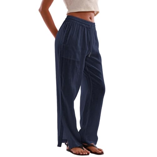 Amazhiyu Womens 100% Linen Wide Leg Elastic Lounge Pants Side Slit with Pockets2