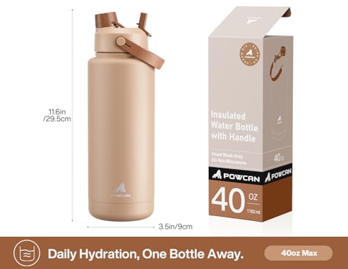 Image of POWCAN 40 oz Insulated Water Bottle with 2-in-1 Straw and Spout Lid, Keep Cold 24H, Leak-Proof, BPA-Free, Double Wall Stainless Steel Water Bottle for Sports, Gym, Travel, and School (Mocha)