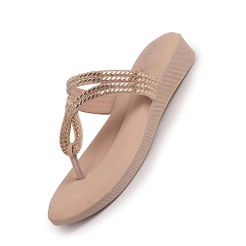 Image of FAUSTO Women T-Strap Slip On Ethnic Sandals with Rhinestone Strap | Wedge Ortho Slip-On Slippers | Perfect for Wedding, Festive Outfits