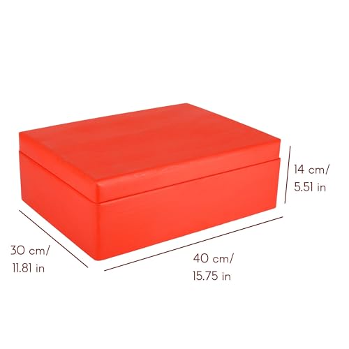 Creative Deco XL Red Plain Wooden Storage Box | 40 x 30 x 14 cm (+/-1 cm) | with Hinged Lid | Easter Gift Box Storage | ROUGH & UNSANDED Wood Keepsake Memory Craft Chest