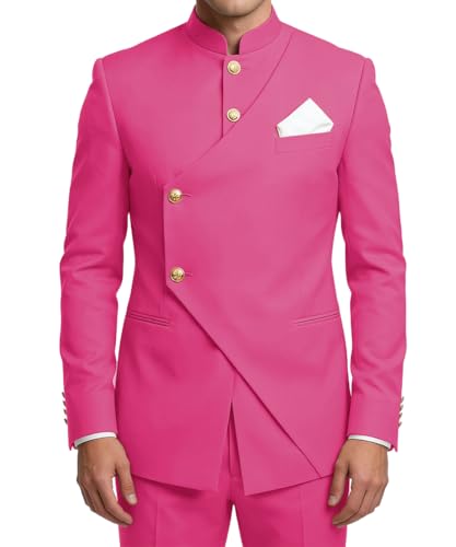 Wrycay Chinese Tunic Suit for Men 2 Piece Slim Fit Suit,Rose Red,M