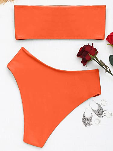Image of ZAFUL Women's High Cut Bandeau Bikini Set Strapless Solid Color 2 Pieces Bathing Suit Swimsuit