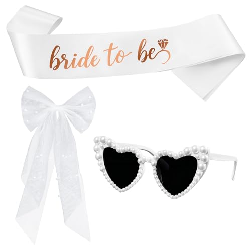 Koruhi - Bride Bachelorette Party Accessories Set: Bride To Be Sash, White Veil, and Pearl Heart Sunglasses for Bridal Wedding Favors - Best Deal on Amazon