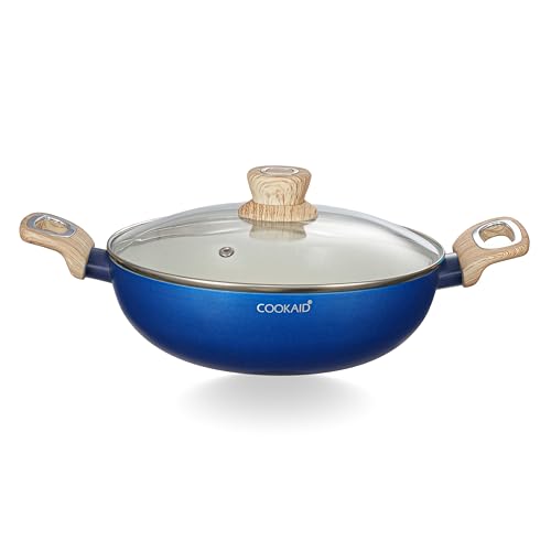 Image of Kadhai with Glass Lid 24cm 2.5 LTR | Velora Non Stick Ceramic Coating | ISI Certified | Induction Stovetop Compatible | Kitchen Cookware Kadai for Cooking | Aluminium Body | Kadhai with Lid |
