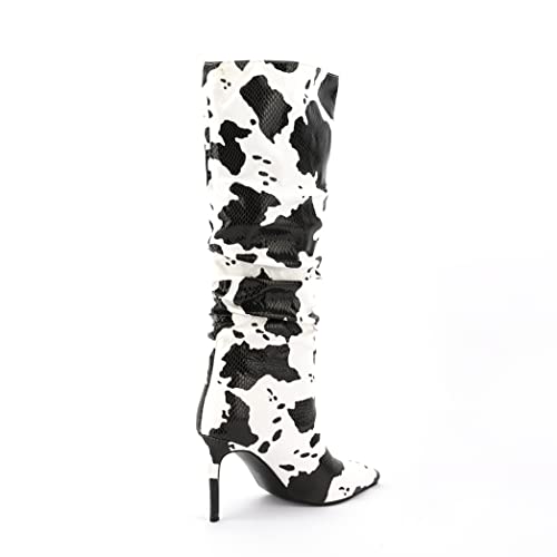 Zamikoo Cow Print Boots For Women, Slouchy Knee High Boots Pointed Toe Stiletto High Heel Boots Stretch Pull On Slouch Boots 3.5 Inches Us Size 9.5 #TOP4