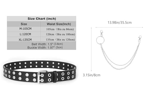 JasGood Punk pasek damski i męski z podwójnym otworem w stylu punk Cosplay Hip Hop Rock do strojów gotyckich, D-czarny + łańcuszek, 120cm(35"-39")