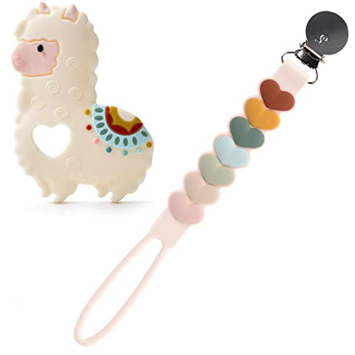 Image of Loulou Lollipop Silicone Teether and Holder Clip Bundle Set - Llama/Sweetheart Multi