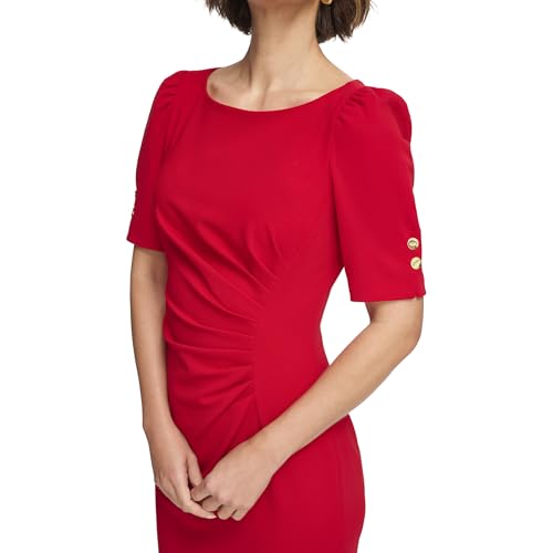 Image of DKNY Women's Short Sleeve Ruched Knee Length Sheath Dress with Button Detail