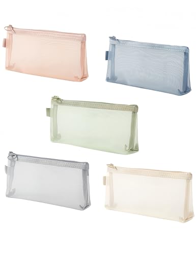 PAVNSO 5 Pcs Zipper Mesh Bags 8.3 x 3.9 Makeup Brush Pouch Portable Clear Cosmetic Bags Square Pencil Case Organizer Stationery Storage Bag for Travel Accessories