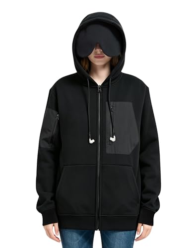 Relexit Travel Hoodie with Built-In Eye Mask for Airplane Travel Sleep Comfort Zipper Sweatshirt Breathable Multi Pockets Black M