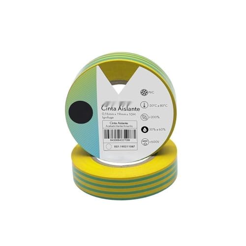 Brightium Cinta Aislante PVC Verde/Amarillo 19mm x 10m, flexible y duradera, ideal para trabajos eléctricos y protección de cables.