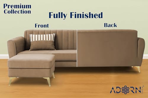 Image of Adorn India Premium Luster 4 Seater L Shape Sofa Set | Velvet Suede Fabric | 3-Year Warranty | Color Camel with Golden Legs & Striped Pattern Cushion