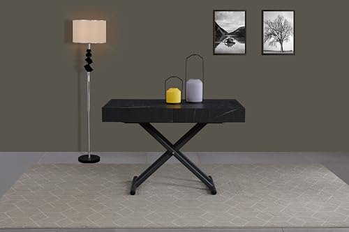 VOLERO' ; Table Lift-top Coffee to Dining Table,Transformable Space-Saving Table, Achille Large Model, Sliding Mechanism with Millimeter Height Adjustment (Black Veined)