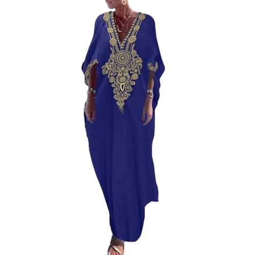 Bsubseach Gold Embroidery Long Kaftan Dresses V Neck Caftan Dress Beach Cover Ups for Women Embroidery X-navy Blue