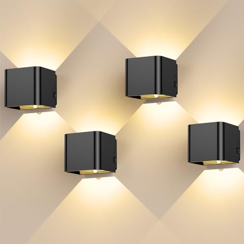 GEARLITE Led Aufladbar Wandleuchte Innen/Aussen mit Bewegungsmelder 4 Stücke, Wandlampe Auf und ab Einstellbarer Lichtstrahl 3000K Warmweiß Außenwandleuchte IPX4 Wasserdichte Wohnzimmer Garten Schwarz