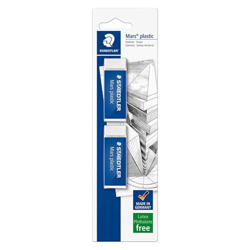 Staedtler Mars Plastic, Gommes plastiques blanches de très haute qualité, Sans phtalates ni latex, Étui blister avec 2 gommes de taille standard, 526 50...