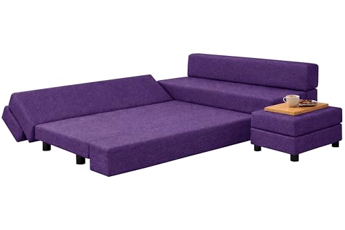 Image of Rosebell 3+2 Convertible Leg Sofa Cum Bed Set with Ottoman Foldable Modular Seating & Sleeper ? Space Saving Living Room Furniture Jute Fabric-Purple