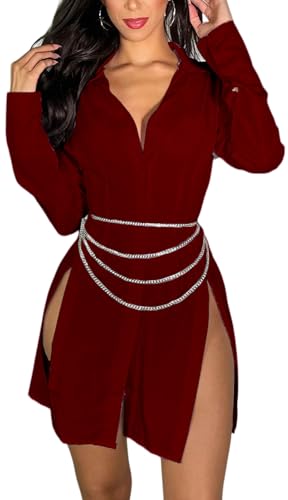 Image of Shirt Dress for Women Sexy Button Down Date Night Dresses Ruched Slit Stand Collar Long Sleeve Blouses