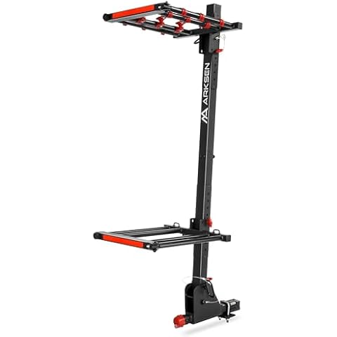 Arksen Folding Hitch-Mounted Ski/Snowboard Rack, Snowboard Mount Carries 6 Pair Skis or 4 Snowboards Fits 2" or 1.25" Receivers, Trailer Hitch Ski Rack with Key Lock, Security Strap, Tilt Access Cover