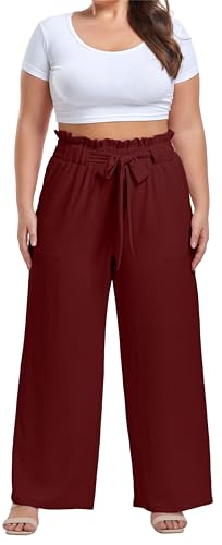 Image of OLRIK Women's Plus Size Pants Adjustable High Waisted Wide Leg Palazzo Pants Casual Trousers with Pockets Spring Clothes