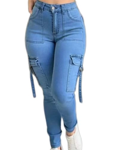 Women Slim Fit Stretch Cargo Denim Pants High Waist Washed Vintage Work Casual with Flaps 6 Pockets