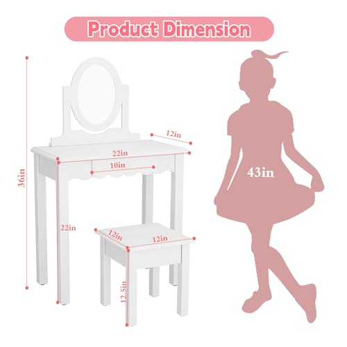 Image of HLR Kids Vanity, Girls Vanity Set with Mirror and Stool, Wooden 2 in 1 Princess Makeup Desk Dressing Table with Detachable Top, Toddler Vanity Dresser Set with Drawer for Little Girls, White