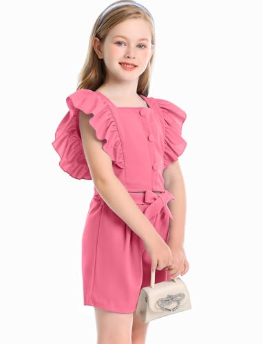 Image of Toddler Girls Two Piece Square Neck with Button Ruffled Sleeveless Top and Bow Tie Waistband Short Sets