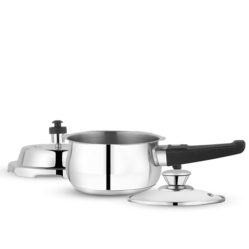 Image of GARUDA NRI Stainless Steel Pressure Cooker with Glass Lid, Handi Shape, Sandwich Bottom, Induction Compatible (1.5 Litres)