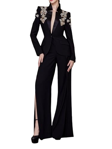 Women's 2025 Designer Suit Women Beaded Diamonds Stand Collar Single Button Blazer Wide-Leg Pants Set 2PCS - Main Image