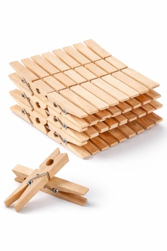 ADAK Natural Wooden Clothespins, 50 Pack – Large 2.9 Inch Natural Wood Clips with Rust-Resistant Spring – Heavy Duty Pins for Laundry, Crafts, Photos